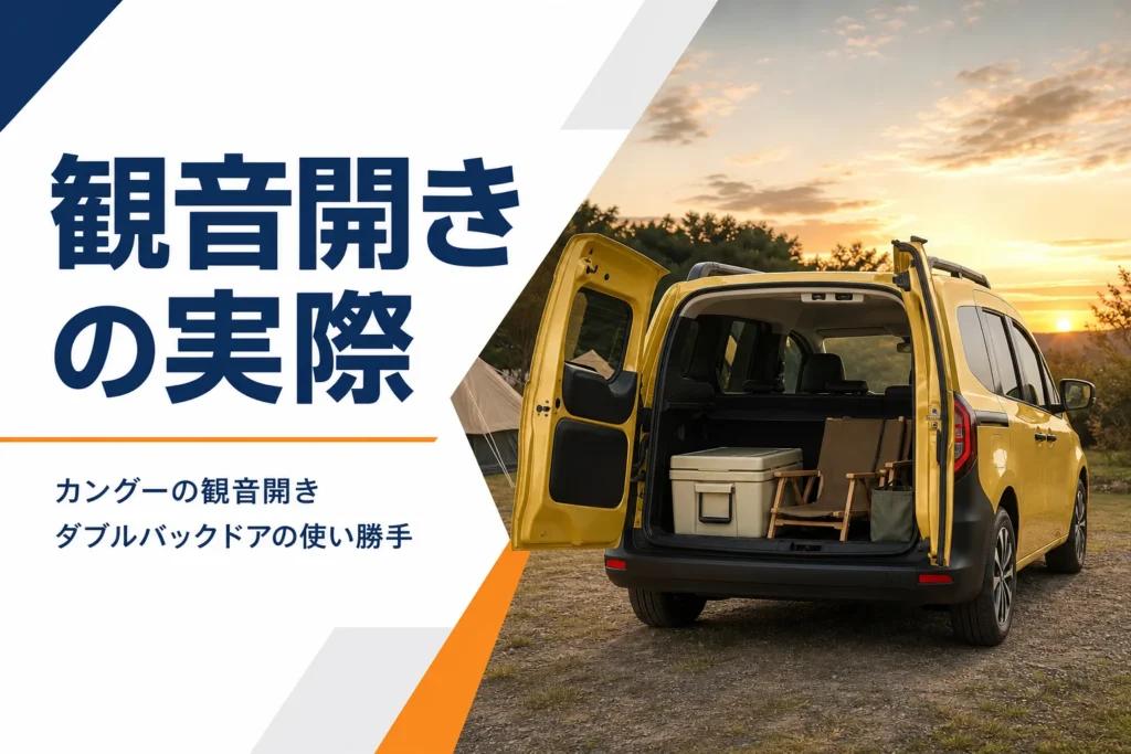 左右のバックドアを開けた黄色いカングーの後ろ姿