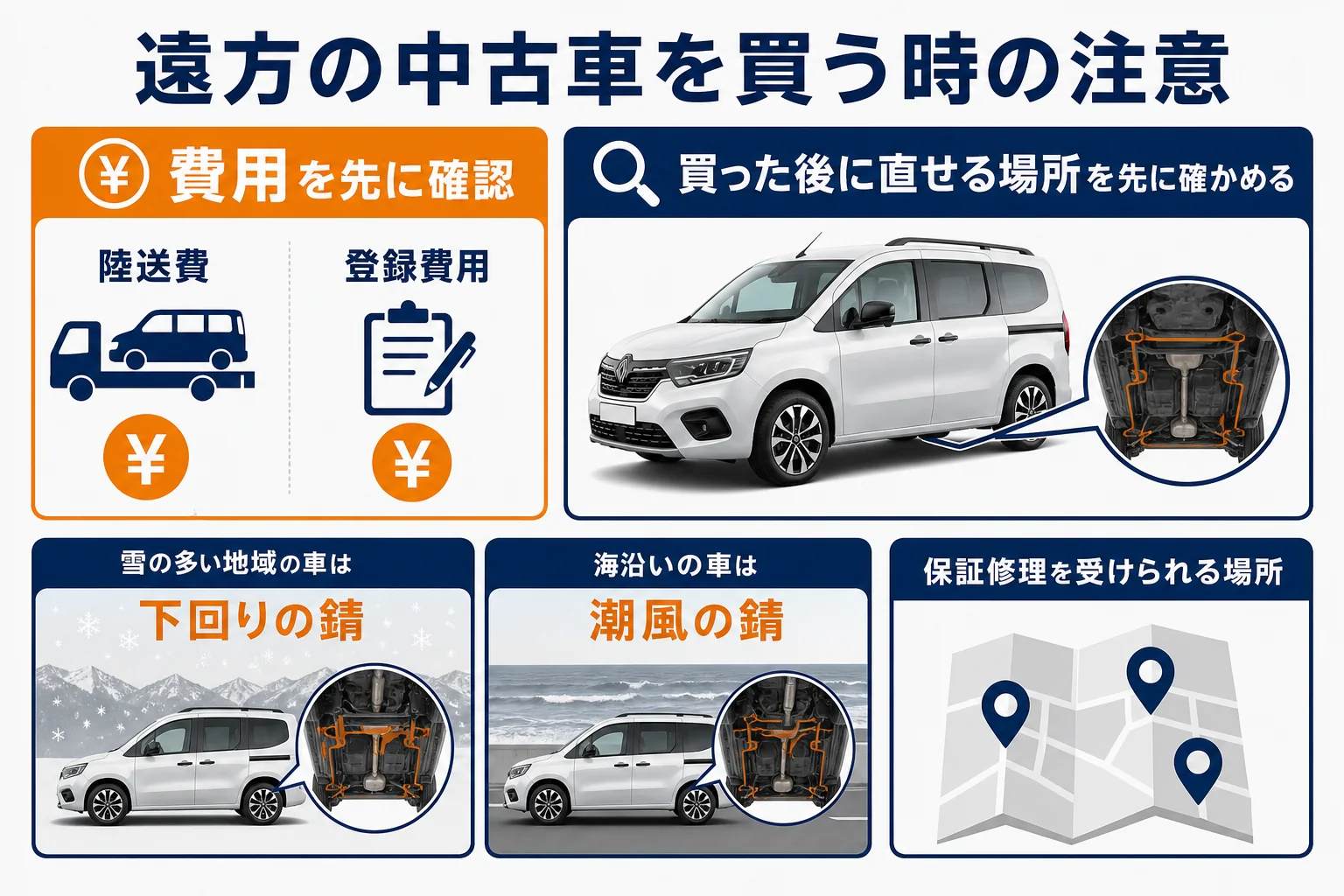 地域をまたいで中古のカングーを買う時の注意点の図解