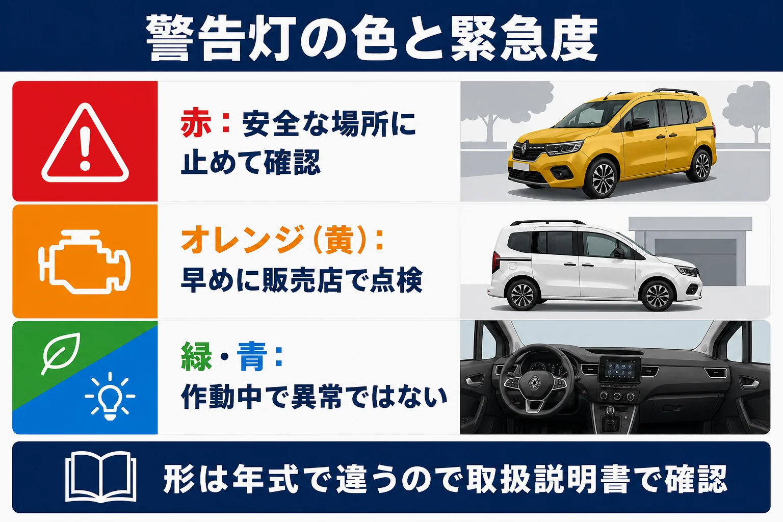 カングーの警告灯を色と緊急度で分けた図解
