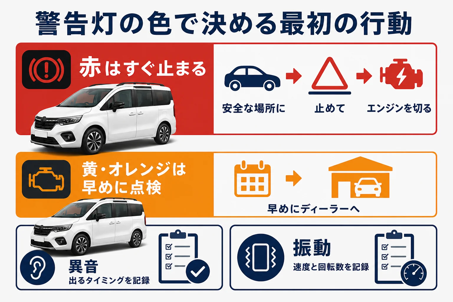 警告灯の色と症状ごとの対応を整理した図解