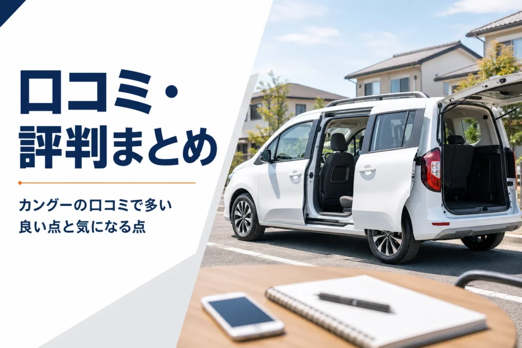 スライドドアを開けた白いカングーと口コミを調べるノート