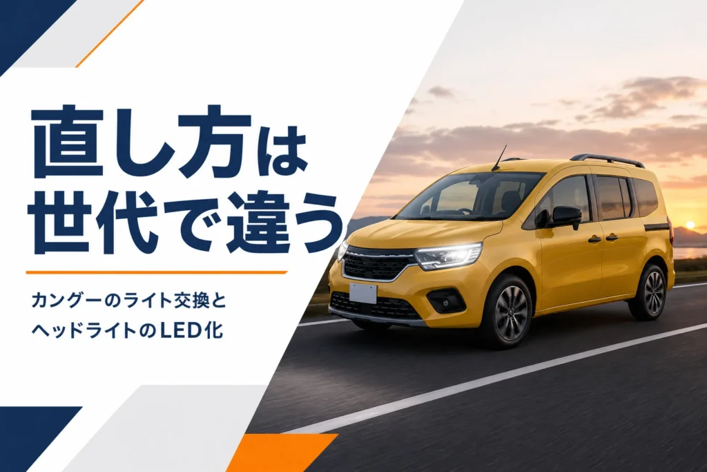 夕暮れにヘッドライトを点けた黄色い小型MPVのイメージ
