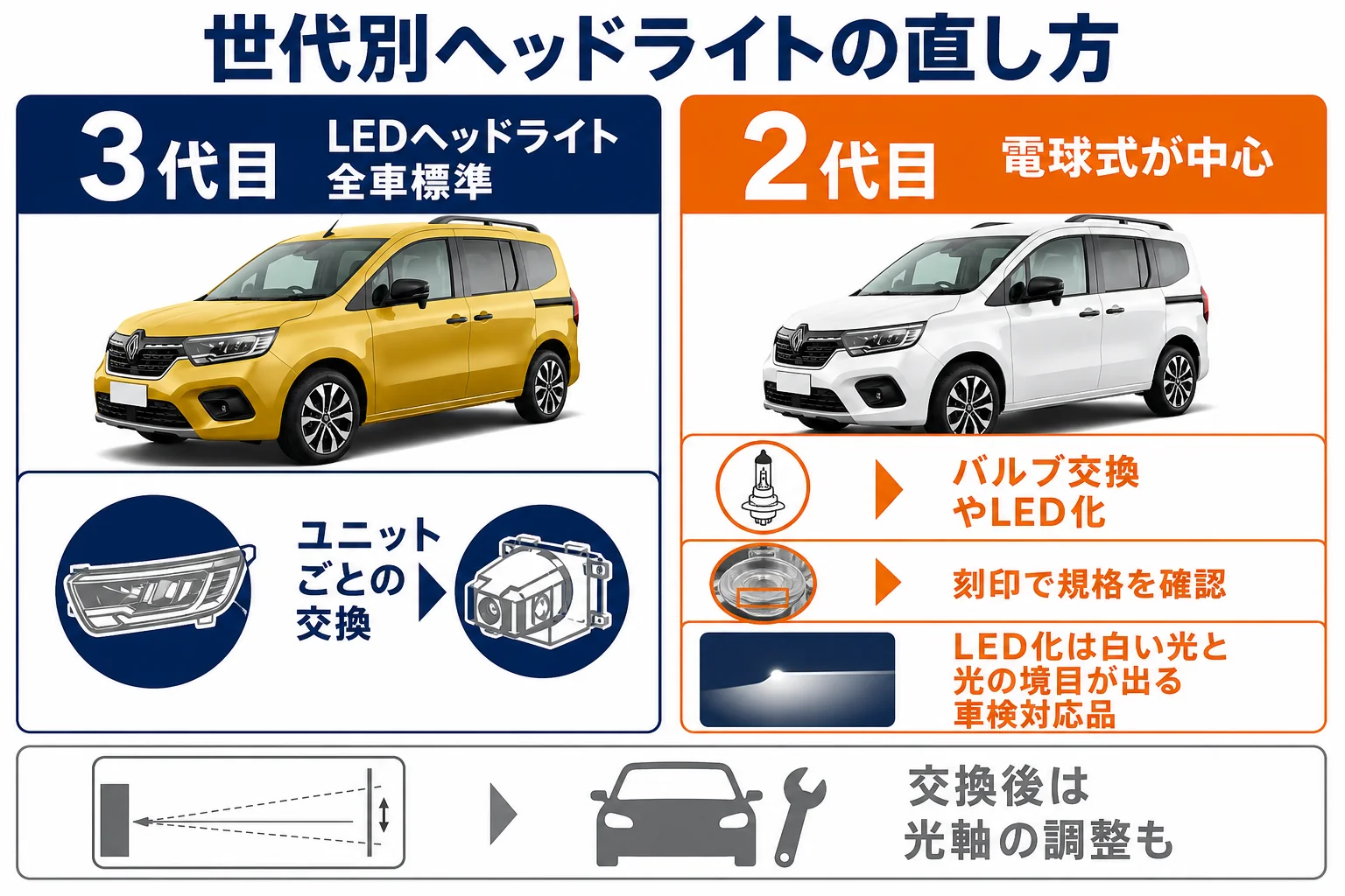 カングーのヘッドライトバルブ交換とLED化のポイントを示した図解