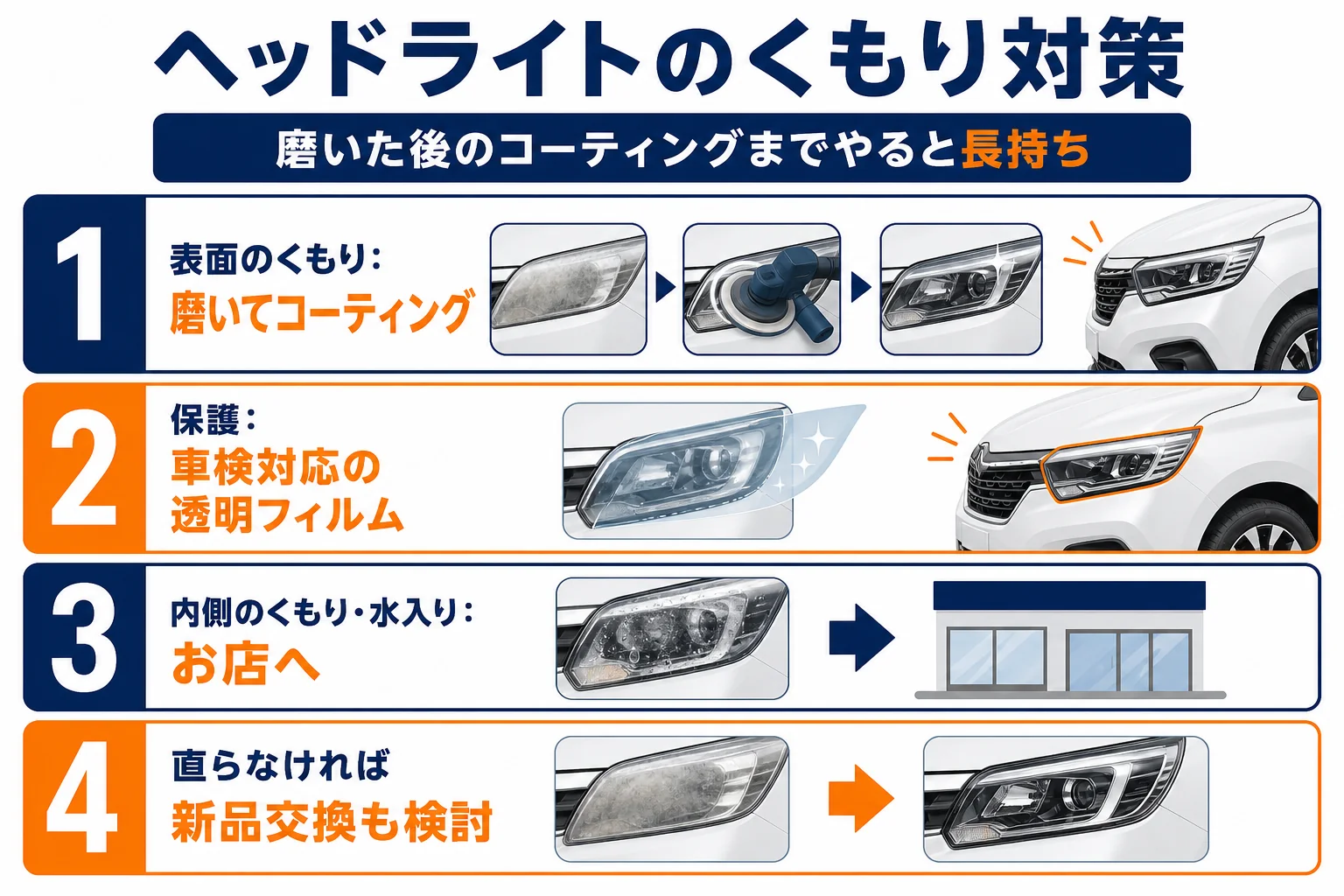 ヘッドライトのくもりの程度別に直し方を並べた図解