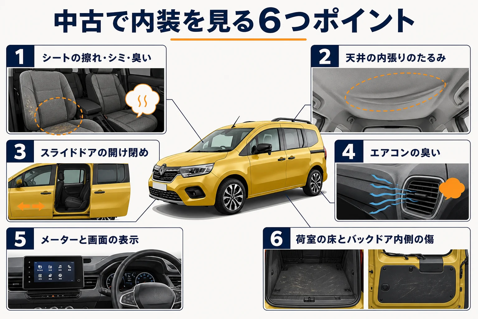 中古のカングーで内装を確かめる6つのポイントの図解