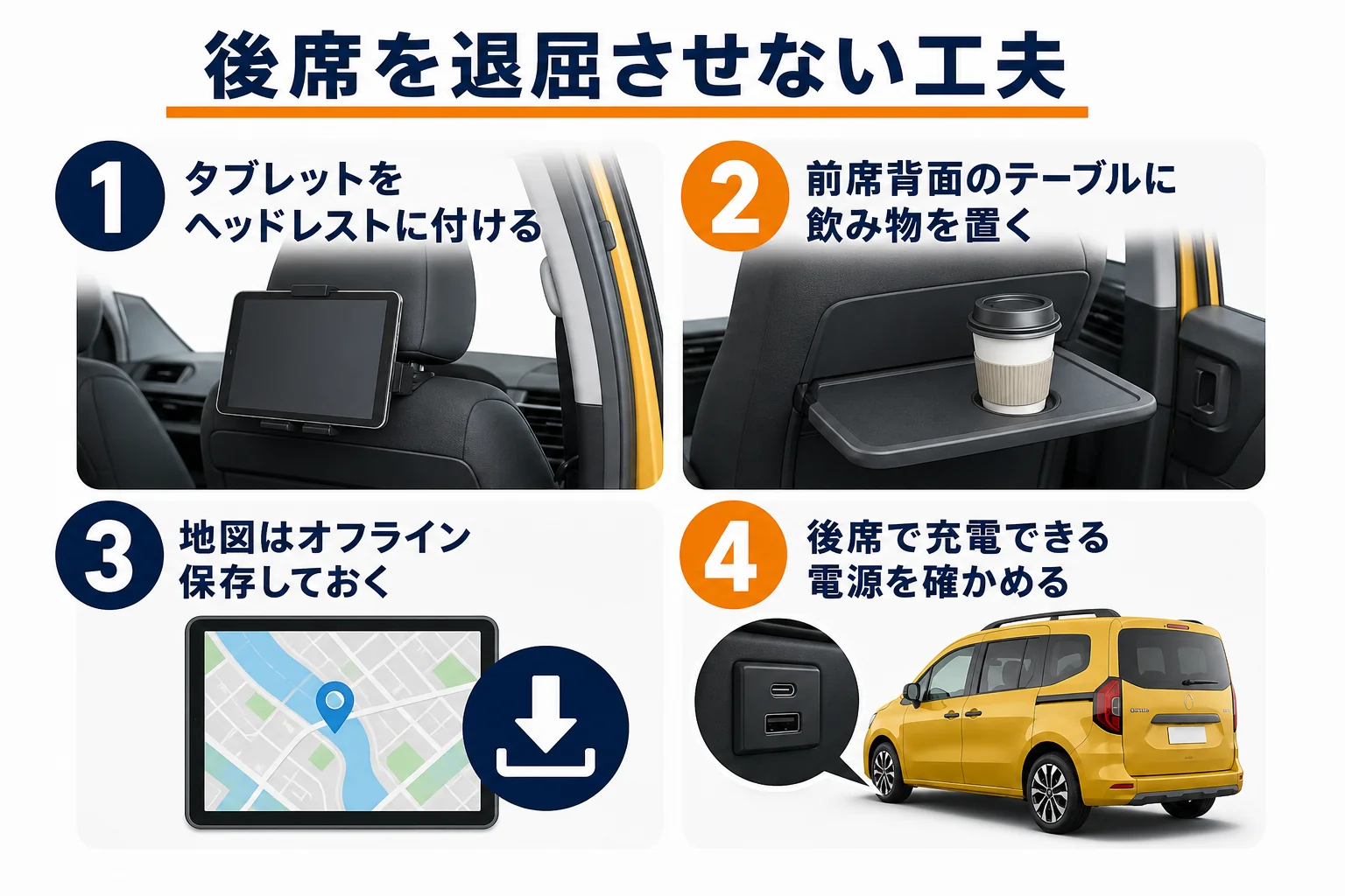 後席でタブレットを使う時の工夫の図解