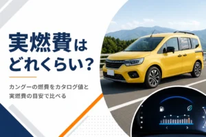 郊外を走るカングーと燃費のイメージ