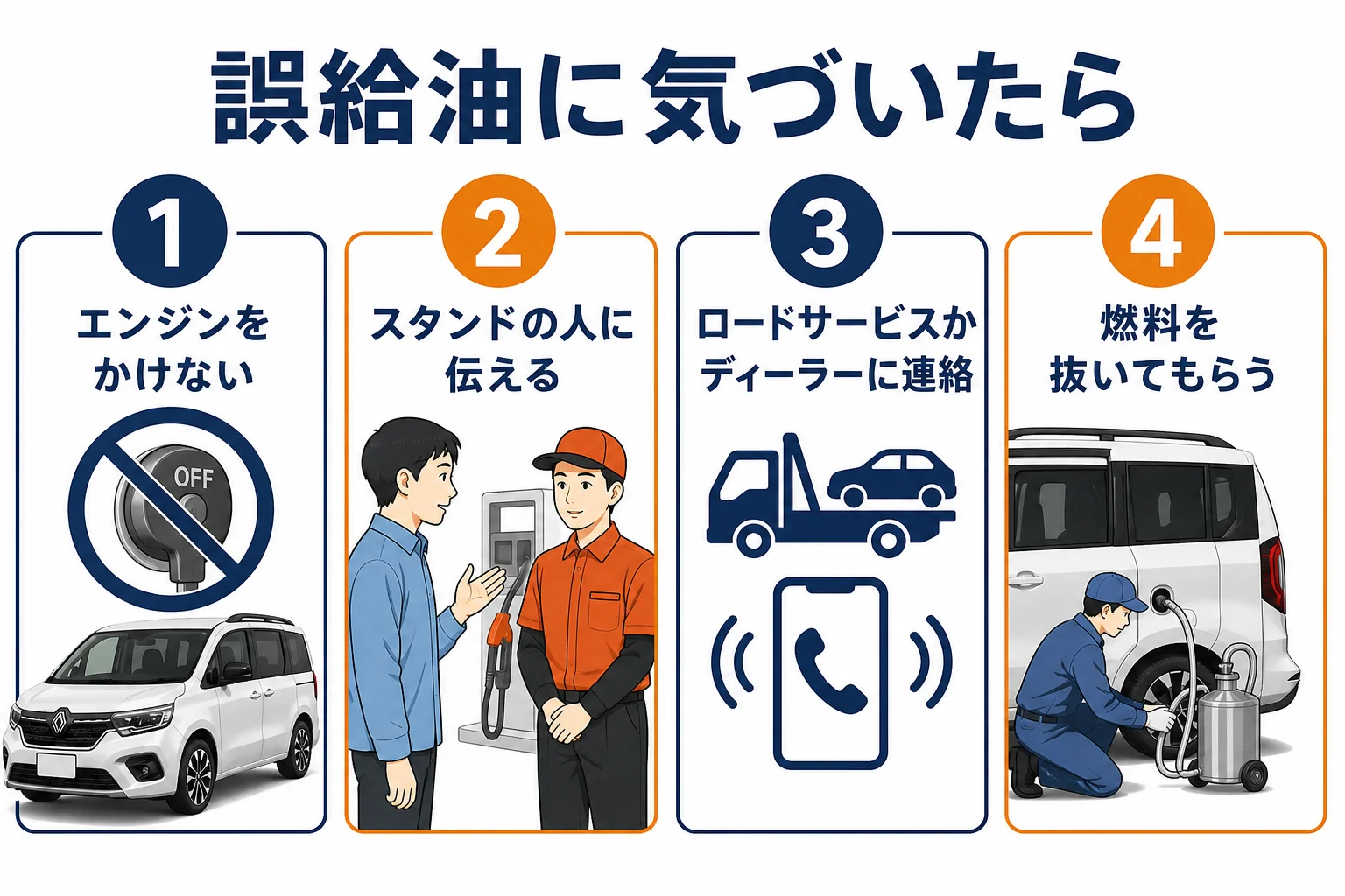 誤給油に気づいた時の対応を示した図解