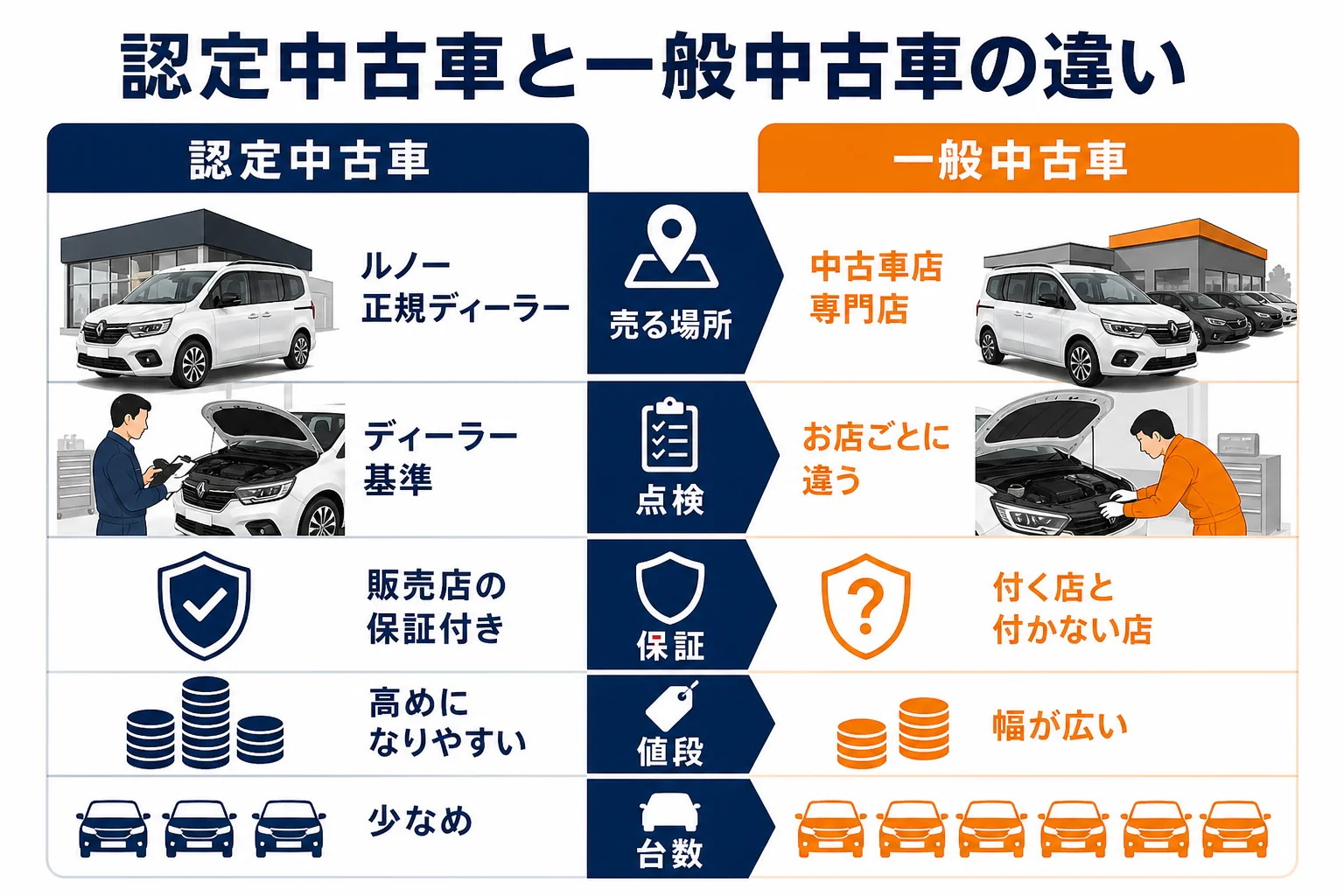 ルノー認定中古車と一般中古車の違いを比べた図解
