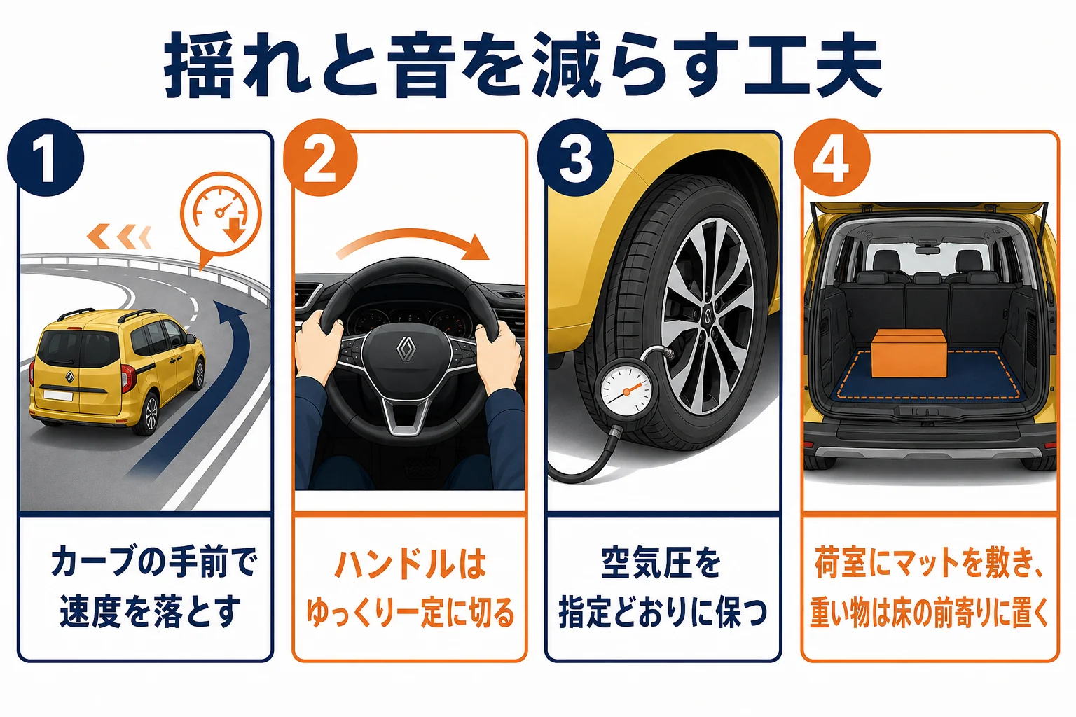 乗り心地を良くするための運転とタイヤの工夫を示した図解