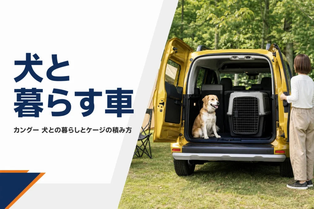 カングーの荷室にケージを置き、そばに犬がいるイメージ