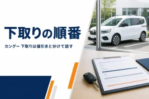 商談テーブルの見積書と窓の外のカングーで下取りを表したイメージ