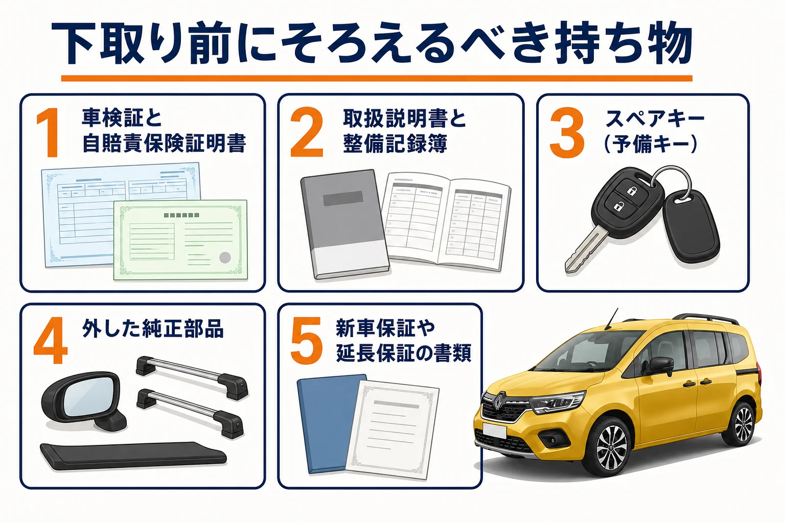 下取り前に必要な書類や付属品を一覧で示した図解