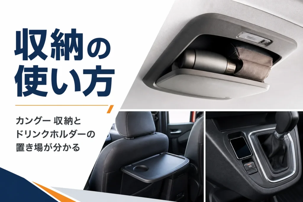 カングーの天井収納と前席背面テーブルのイメージ