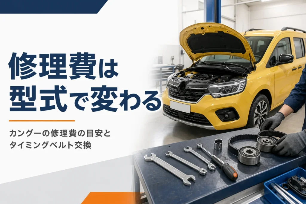 整備工場でボンネットを開けた小型MPVと交換部品のイメージ