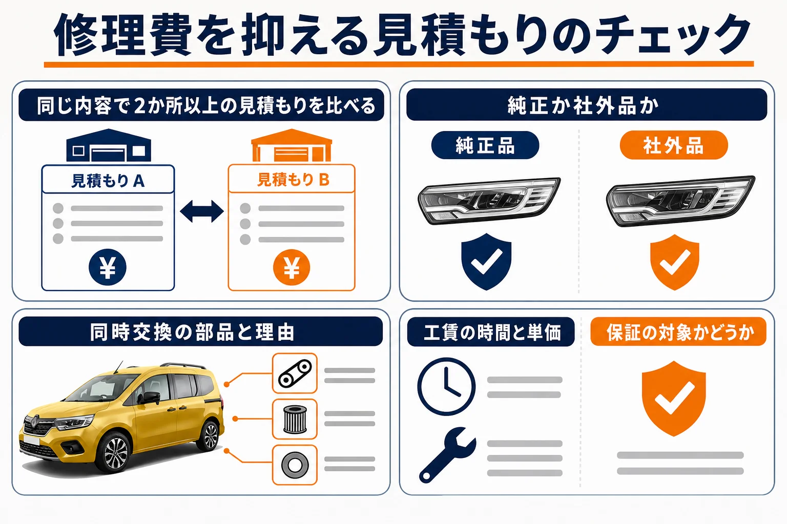 修理の見積もりで確かめたいポイントの図解