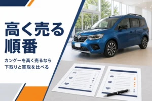 カングーと2枚の査定書類を並べた下取りと買取比較のイメージ