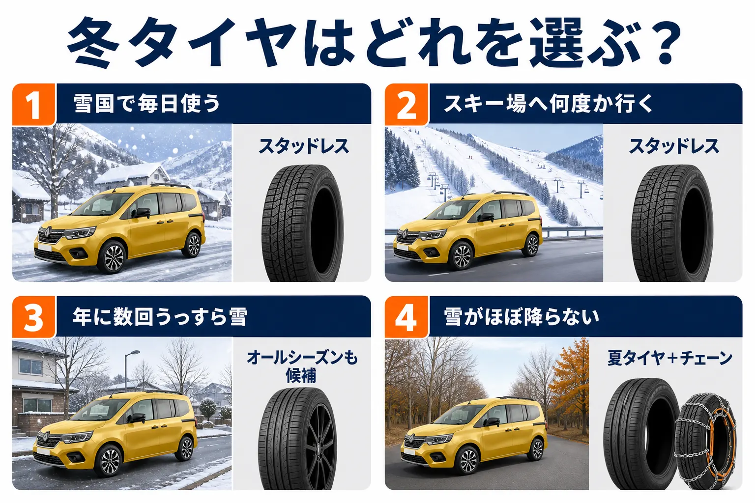 カングーの冬タイヤの選び方を使い方別に示した図解