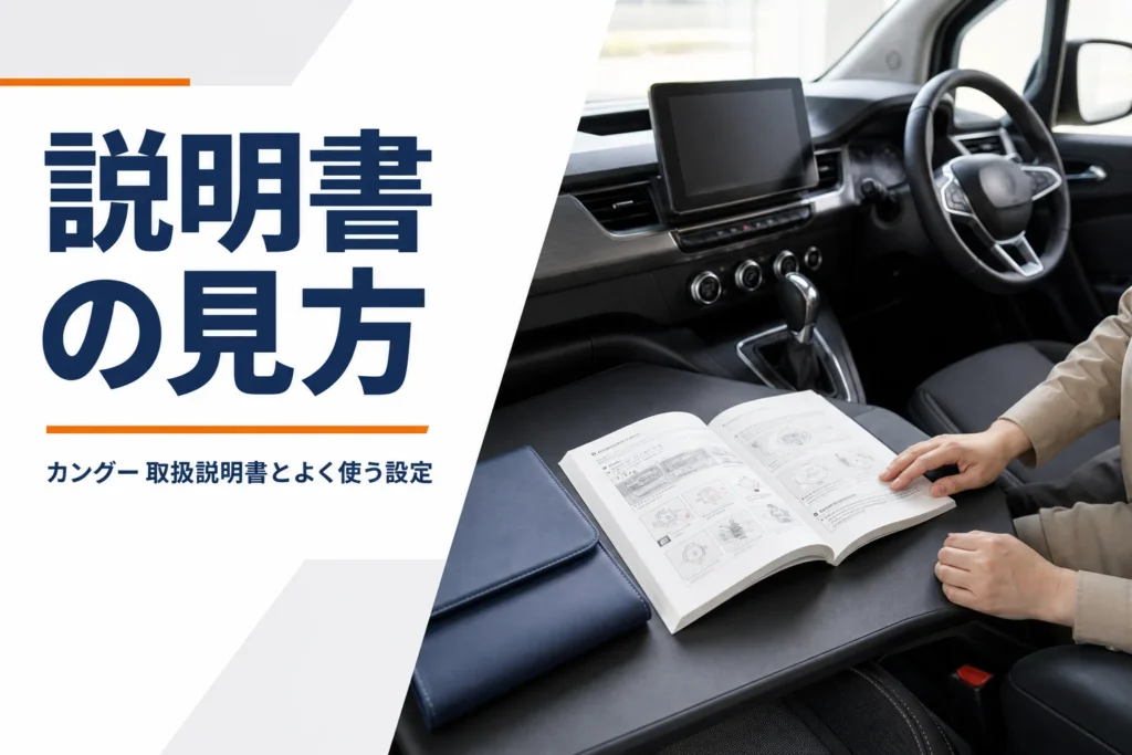 運転席まわりに取扱説明書の冊子を開いて置いたイメージ