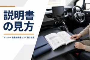 運転席まわりに取扱説明書の冊子を開いて置いたイメージ