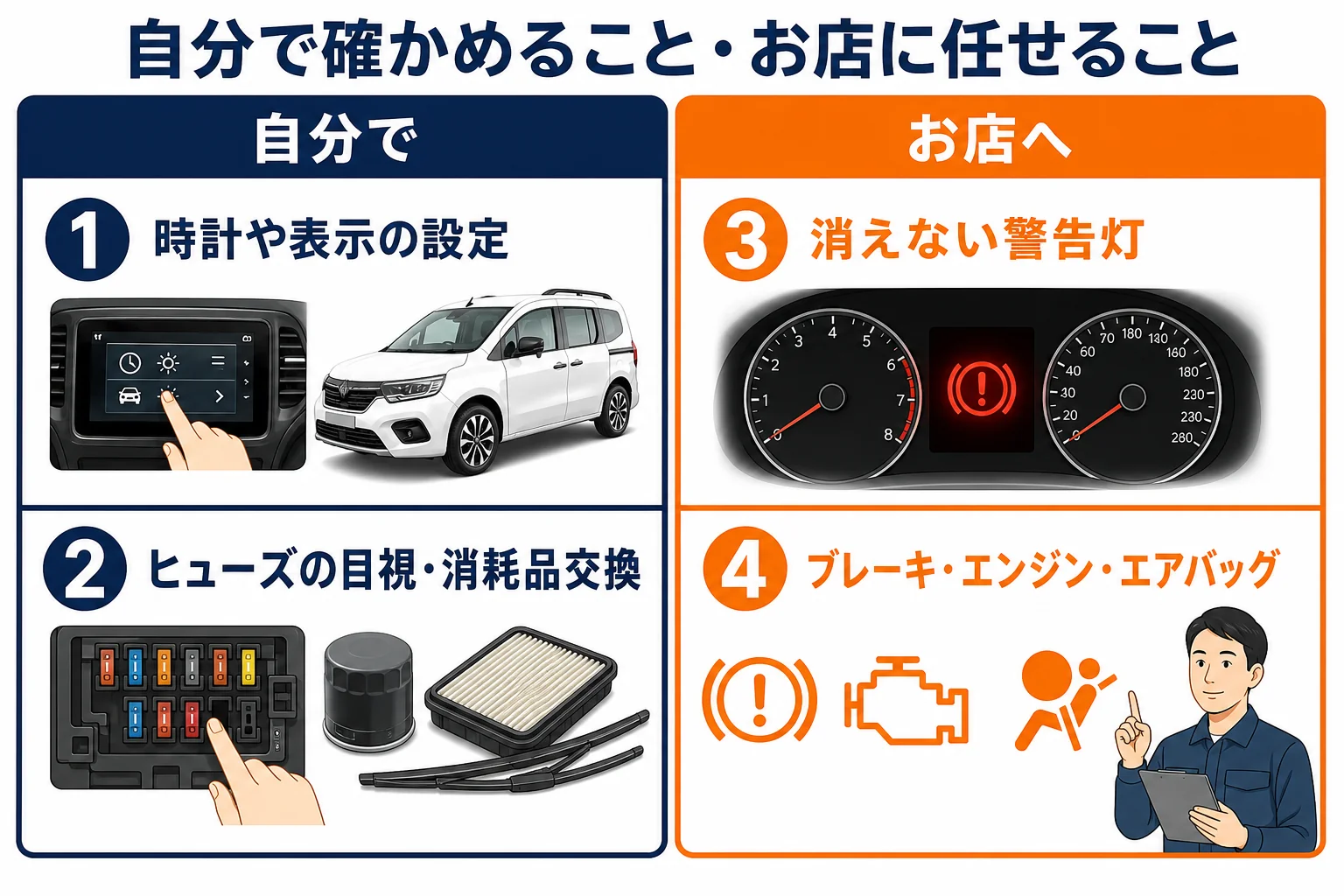 説明書で解決できることとお店に任せることを分けた図解