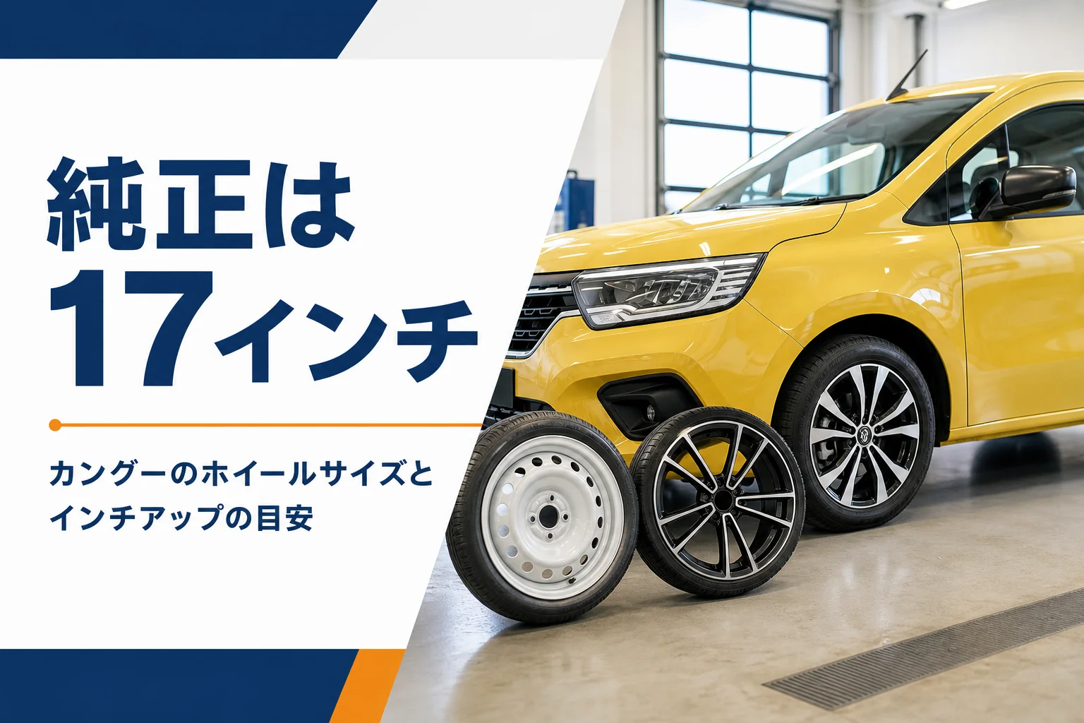 カングーの前輪と並べられたスチールホイールとアロイホイール
