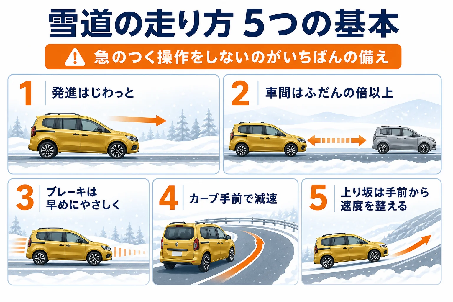 雪道の走り方の基本を5つにまとめた図解